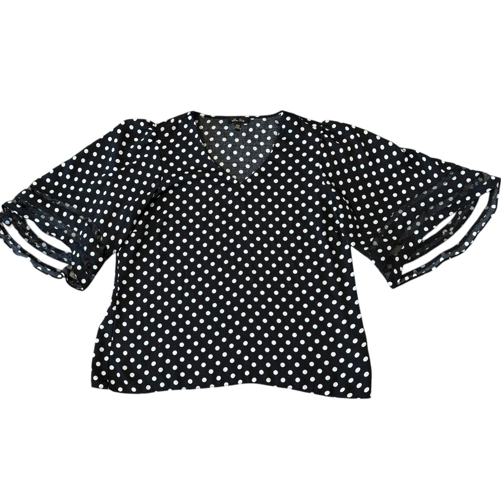 Melissa Paige  Womens Sz-XL Black White Polka Dot‎ Ruffle Sleeve V Neck Blouse